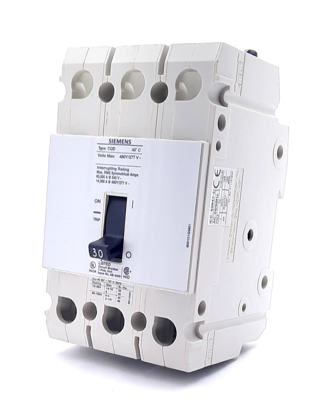 Used Siemens CQD315 Circuit Breaker, 3-Pole, Rating: 15A 480Y/277VAC, DIN Rail Mount