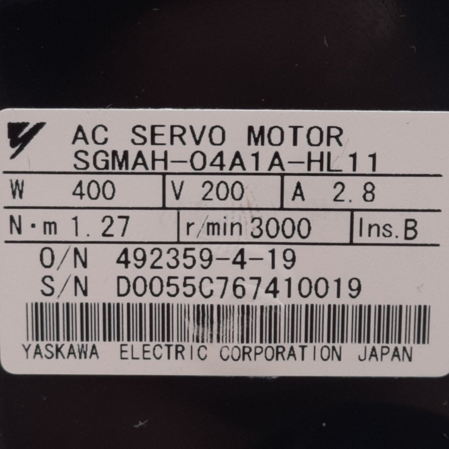 Used Yaskawa SGMAH-04A1A-HL11 Servo Motor, 200V, 400W, 1.27Nm, 3000RPM, 60mm Frame