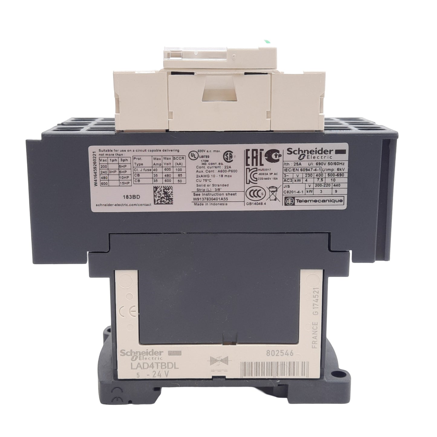 New Schneider Electric LC1D183BD Non-Reversing Contactor, 3-Phase 600VAC, 24VDC Coil