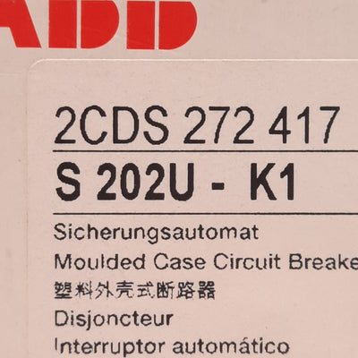 New ABB S202U-K1 Circuit Breaker, K-Curve, 2-Pole, 1A, 240VAC 50/60Hz, DIN Rail