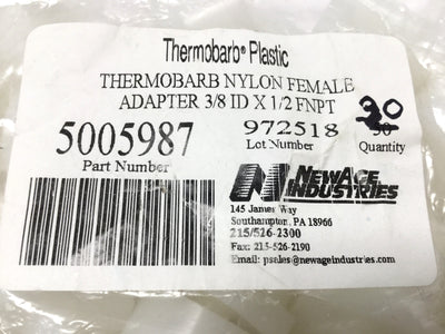 New – Open box Lot of 30 NewAge 5005987 Thermobarb Nylon Adapters, 3/8" Barb x 1/2" NPT Female