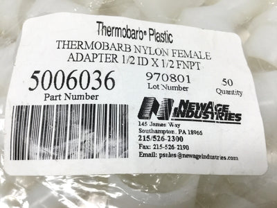 New – Open box Lot of 50 NewAge 5006036 Thermobarb Nylon Adapters, 1/2" Barb x 1/2" NPT Female