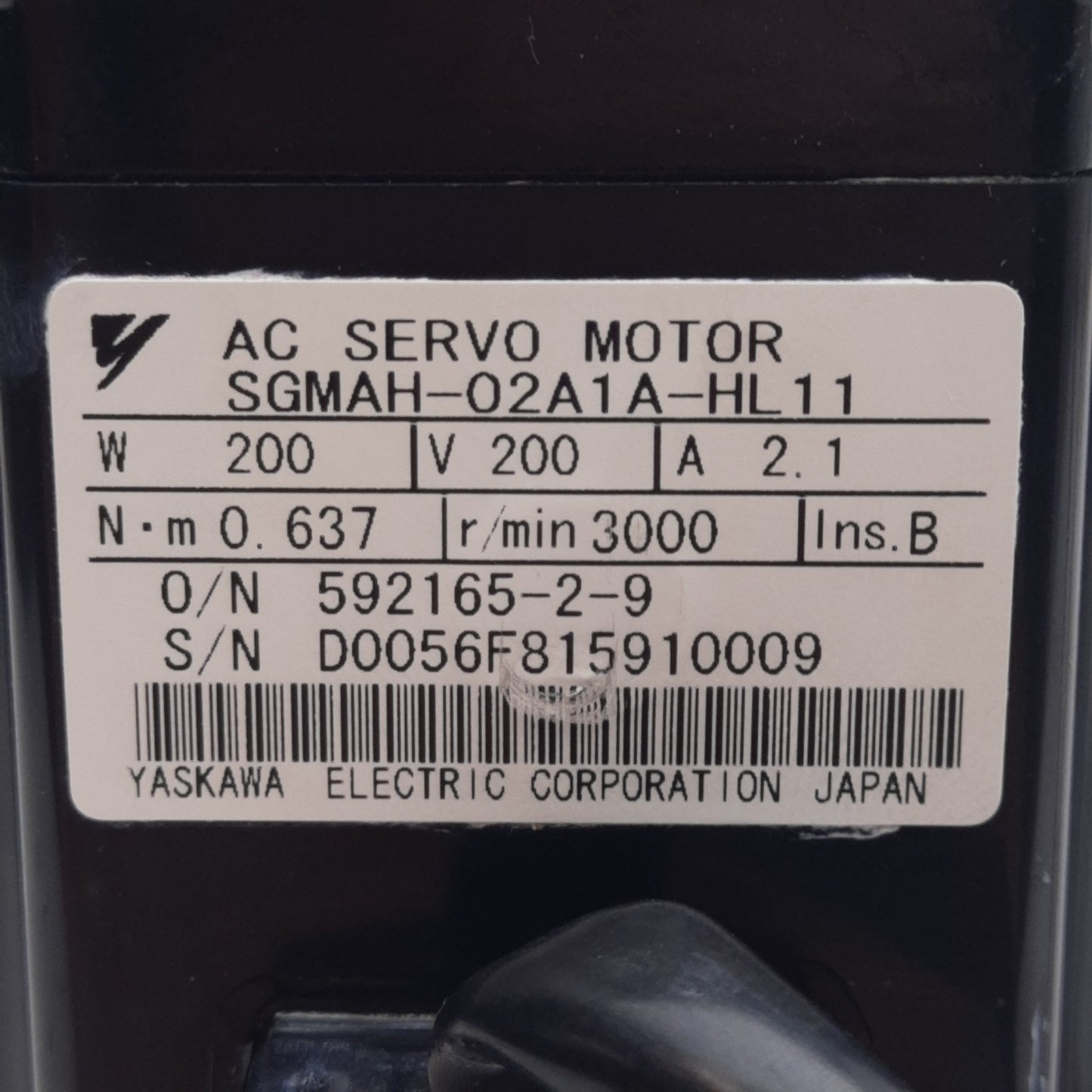 Used Yaskawa SGMAH-02A1A-HL11 Servo Motor 200VAC 2.1A, 0.637Nm, 3000RPM, 200W