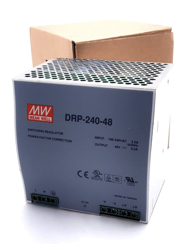 New Mean Well DRP-240-48 Power Supply, 48VDC 5A Output 100-240VAC 3.5A Input