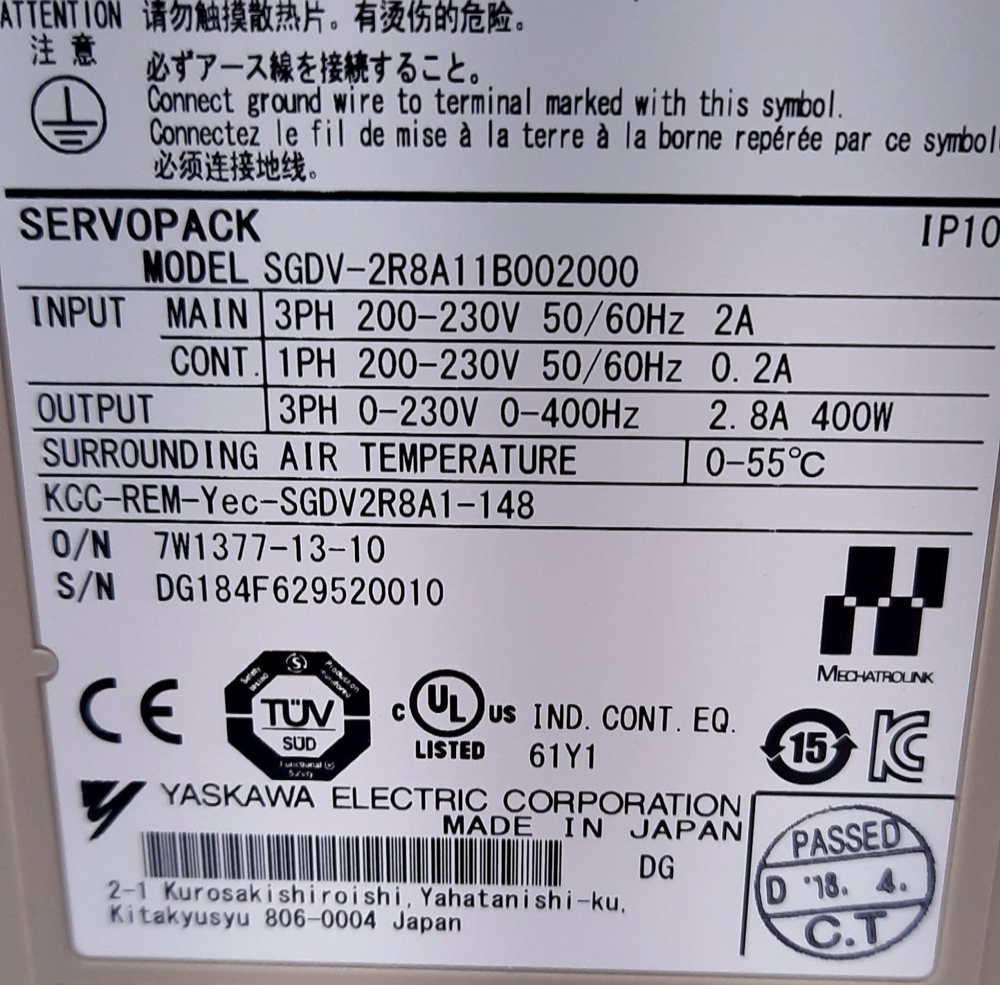 Used Yaskawa SGDV-2R8A11B002000 Servo Drive, 3PH 200-230VAC, 2.8A 400W Output