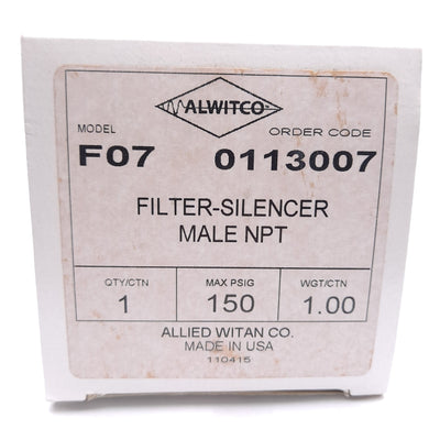 New Alwitco F07 0113007 Filter Silencer, 3/4in NPT, 150psig, Single Chamber, ø3.4in