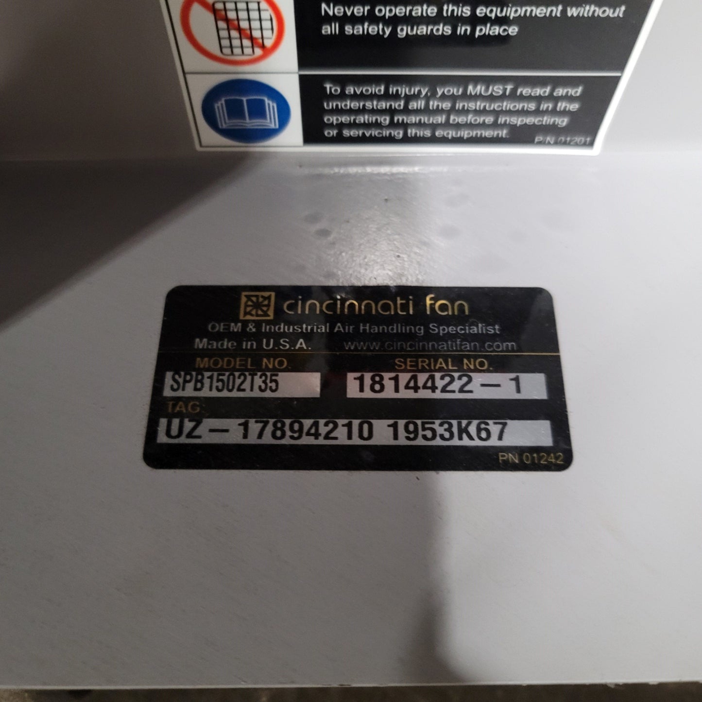 Used Cincinnati Blower SPB1502T35 Die Formed Steel Pressure Blower 5HP, 2941CFM