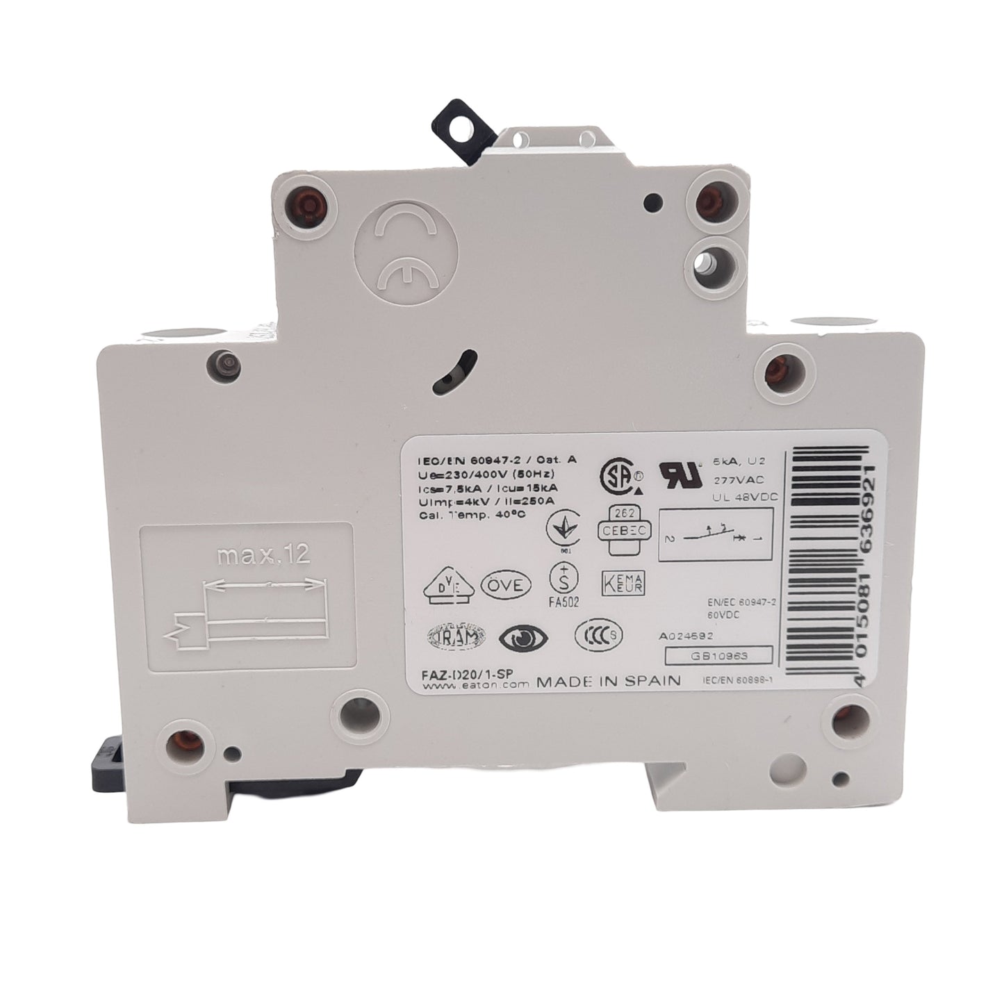New – Open box Eaton FAZ-D20/1-SP Circuit Breaker, 1-Pole, D-Curve, 20A 277VAC/48VDC, DIN Rail