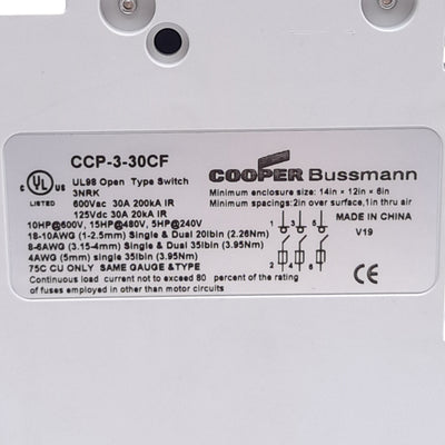 New – Open box Eaton Bussmann CCP-3-30CF Fusible Disconnect Switch, 600VAC/125VDC, 30A, 3-Pole