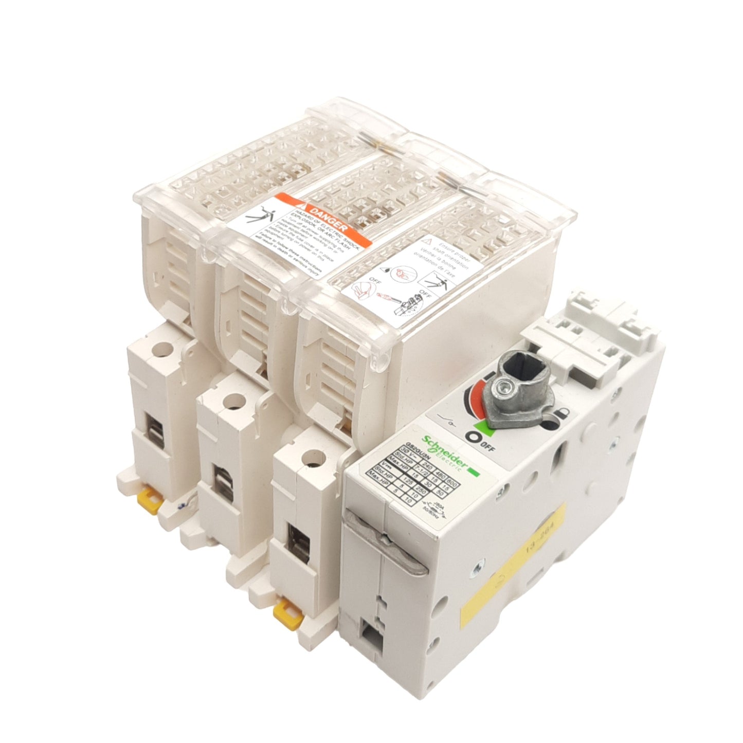Used Schneider Electric GS2GU3N Disconnect Switch, 3-Pole 30A 600VAC/250VDC, DIN Rail