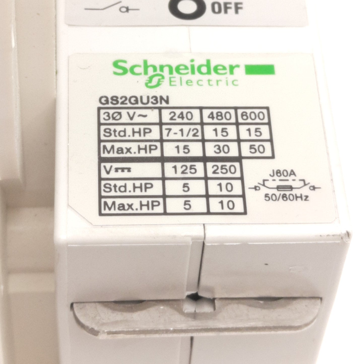 Used Schneider Electric GS2GU3N Disconnect Switch, 3-Pole 30A 600VAC/250VDC, DIN Rail