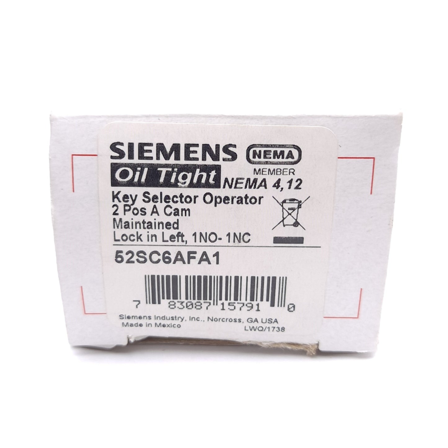 New Siemens 52SC6AFA1 Keyed Selector Switch, 2-Position, Maintained, 1NO 1NC