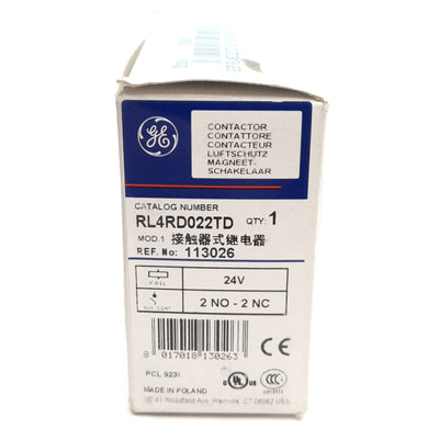 New General Electric RL4D022TD Control Relay, 2NO/2NC, 600V 20A Contact, 24VDC Coil