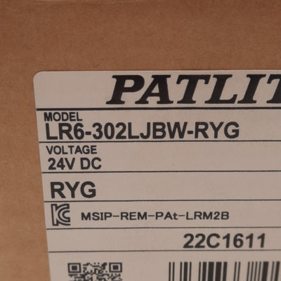 New Patlite LR6-302-LJBW-RYG Signal Tower ø60mm, Red Yellow Green, Pole Mount, 24VDC