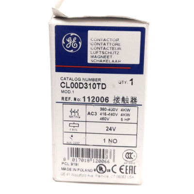 New General Electric CL00D310TD Contactor, 3-Pole + NO Aux, 25A Contact, 24VDC Coil