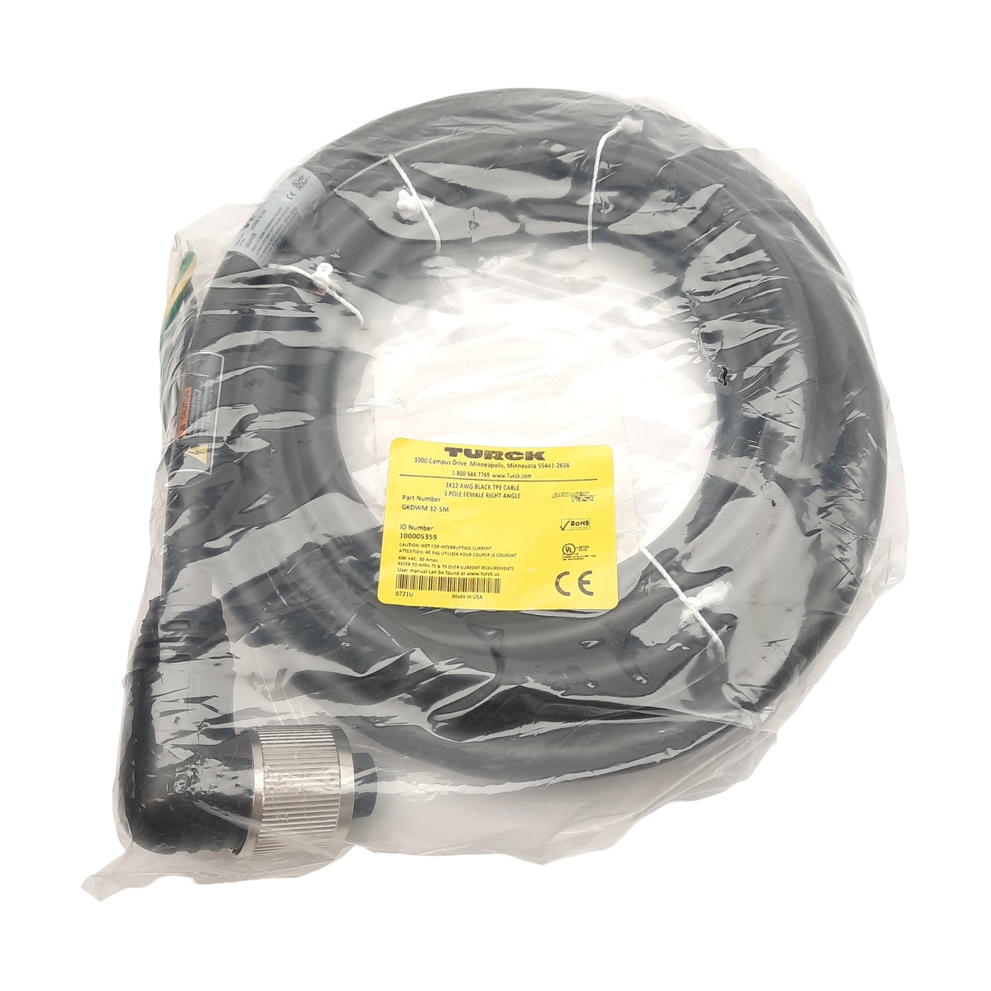 New Turck GKDWM 32-5M Single Ended Cordset 3-Pin 1-3/8"-16 UN Female 600VAC 30A 5m
