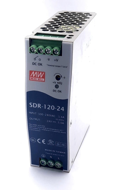 New Mean Well SDR-120-24 Power Supplies Single Phase 88-264VAC 124-370VDC, 24VDC, 5A