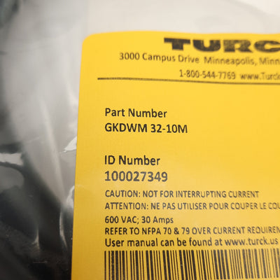 New Turck GKDWM 32-10M Single Ended Cordset 3-Pin 1-3/8"-16 UN Female 600VAC 30A 10m