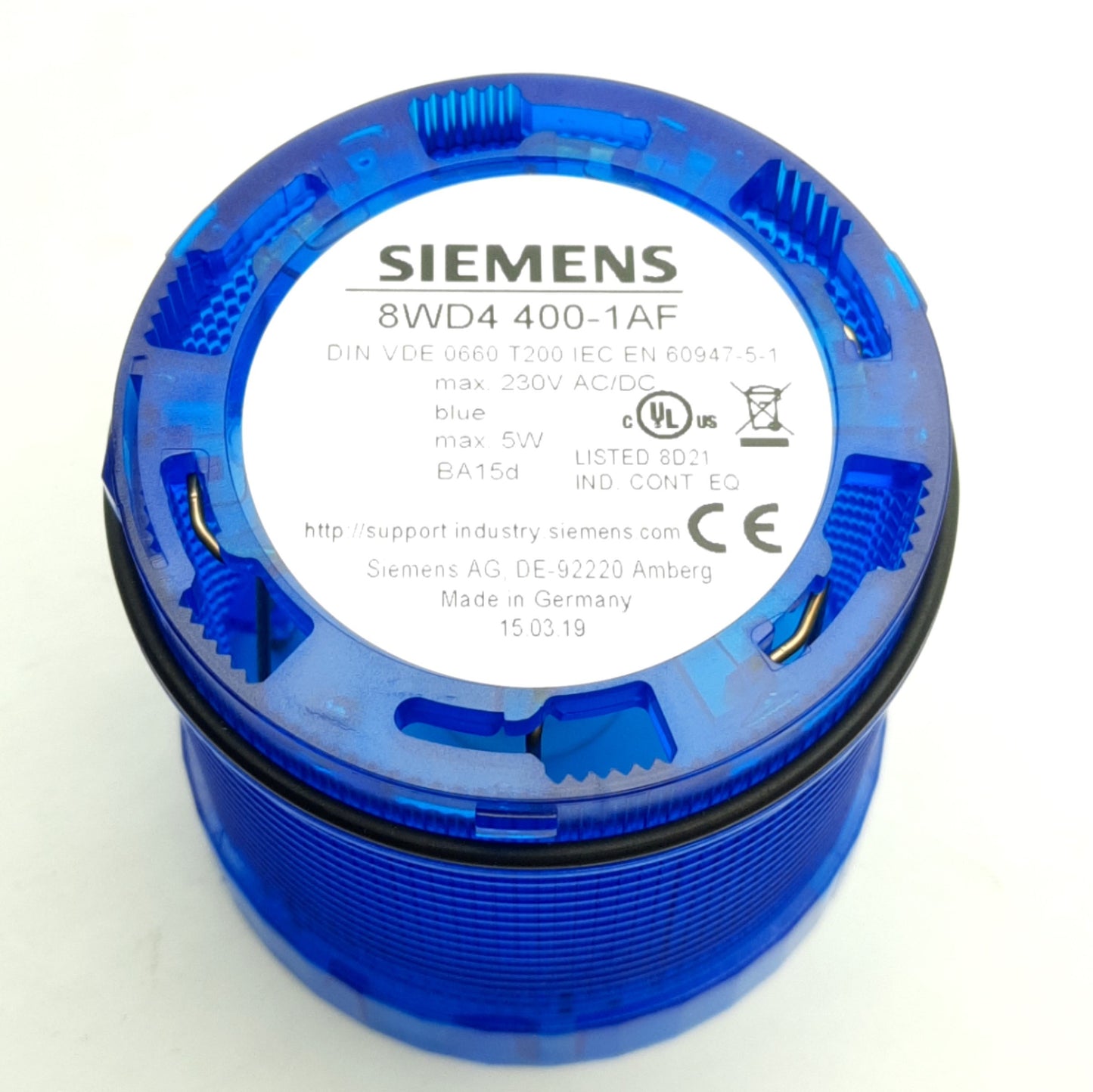 New – Open box Siemens 8WD4 400-1AF Stack Light W/ EM/12-24-B, Blue, ø70mm, 24V Bulb