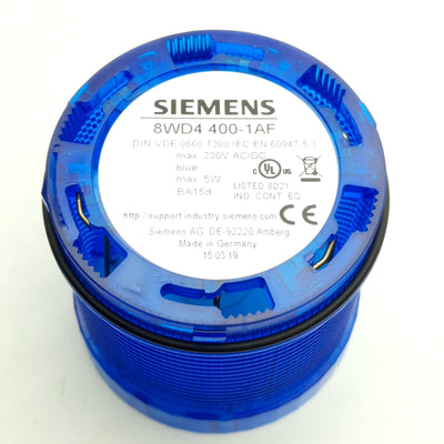 New – Open box Siemens 8WD4 400-1AF Stack Light W/ EM/12-24-B, Blue, ø70mm, 24V Bulb