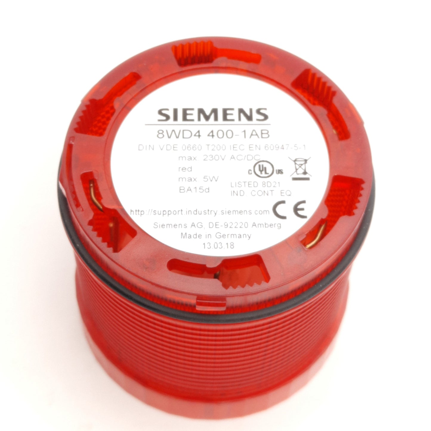 New – Open box Siemens 8WD4 400-1AB Stack Light W/ EM/12-24-R, Red, ø70mm, 24V Bulb