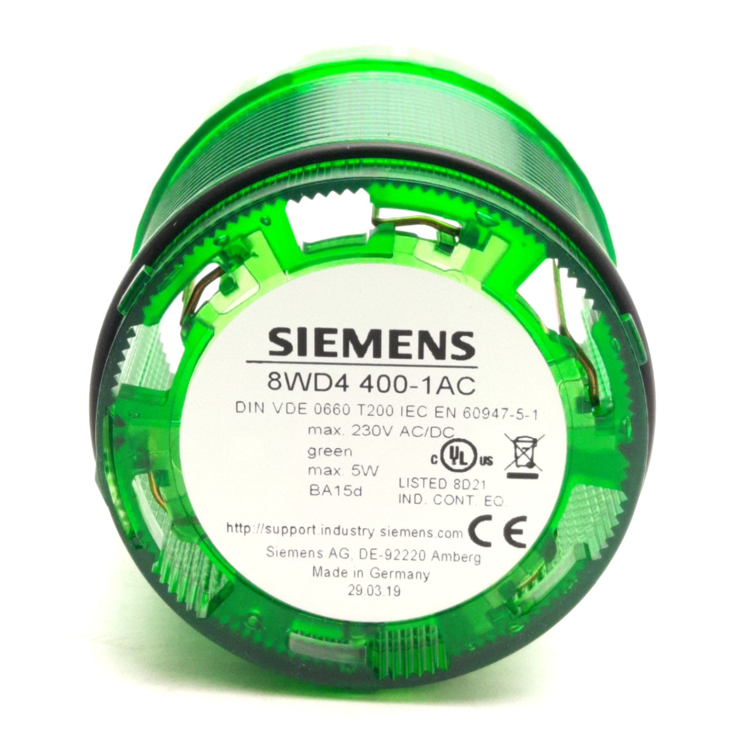 New – Open box Siemens 8WD4 400-1AC Stack Light W/ EM/12-24-G, Green, ø70mm, 24V Bulb