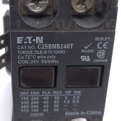 Used Eaton C25BNB240T Definite Purpose Contactor, 2-Pole, 40A, 2 NO, 24VAC Coil