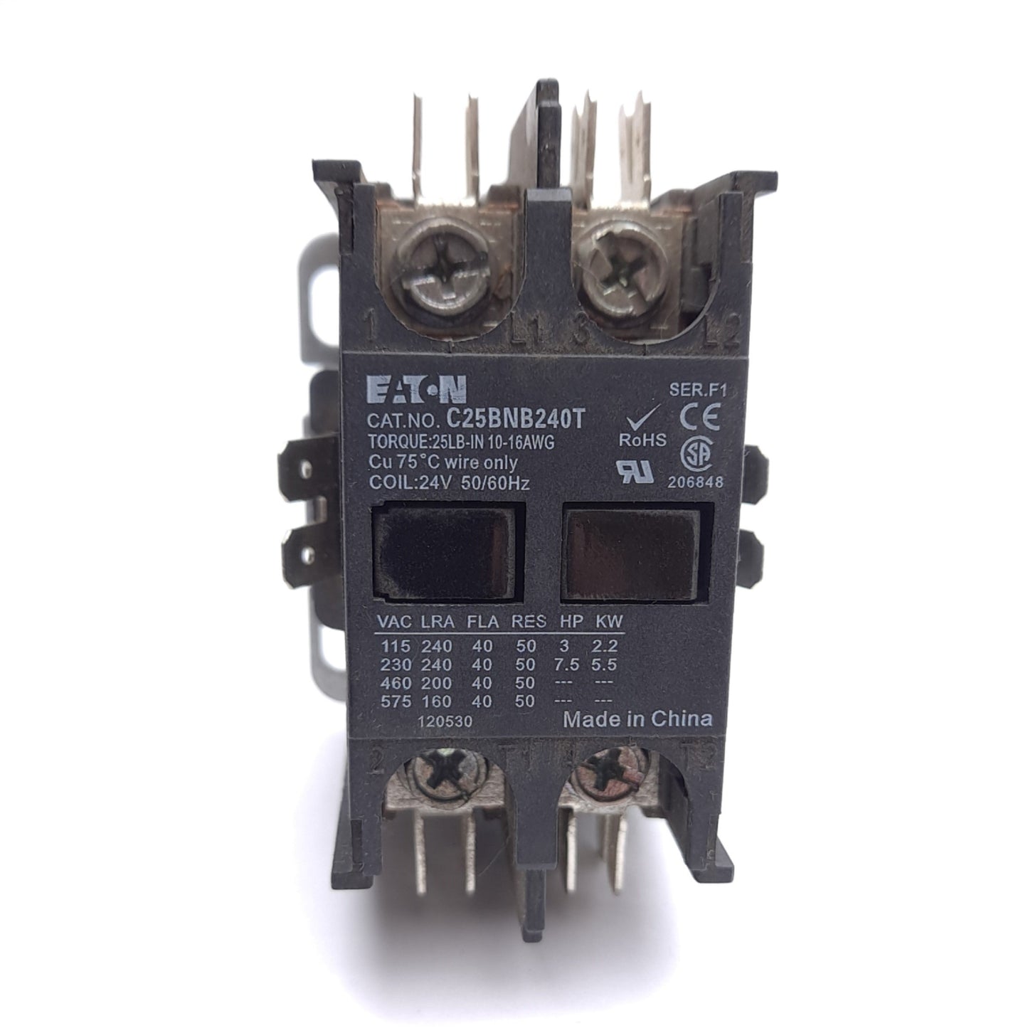 Used Eaton C25BNB240T Definite Purpose Contactor, 2-Pole, 40A, 2 NO, 24VAC Coil