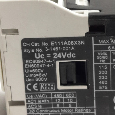 Used Eaton Cutler Hammer E111A06X3N Motor Control Contactor 6A 600VAC 24VDC Coil