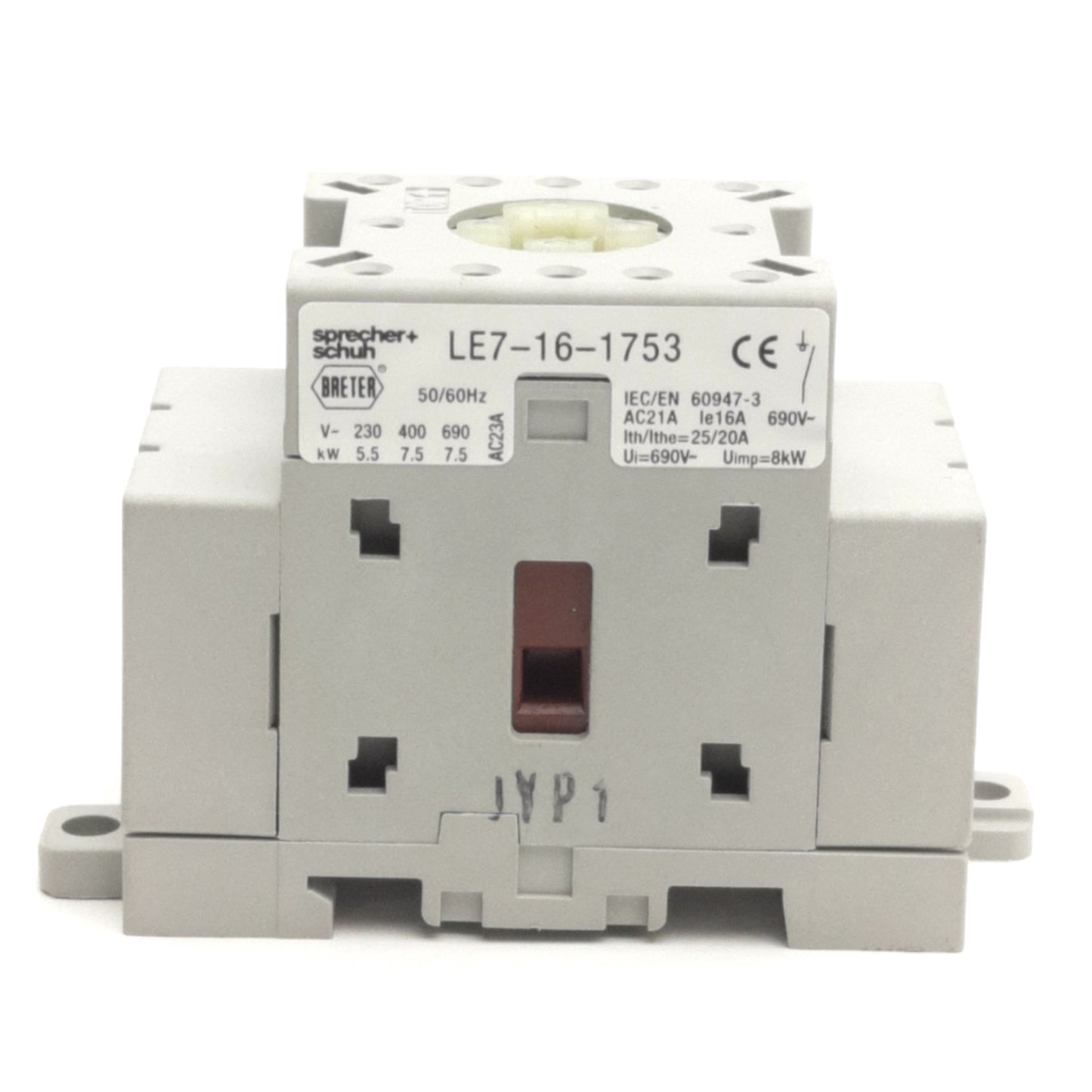 Used Sprecher+Schuh LE7-16-1753 Motor Disconnect Switch, 600VAC 16A, 3-Poles
