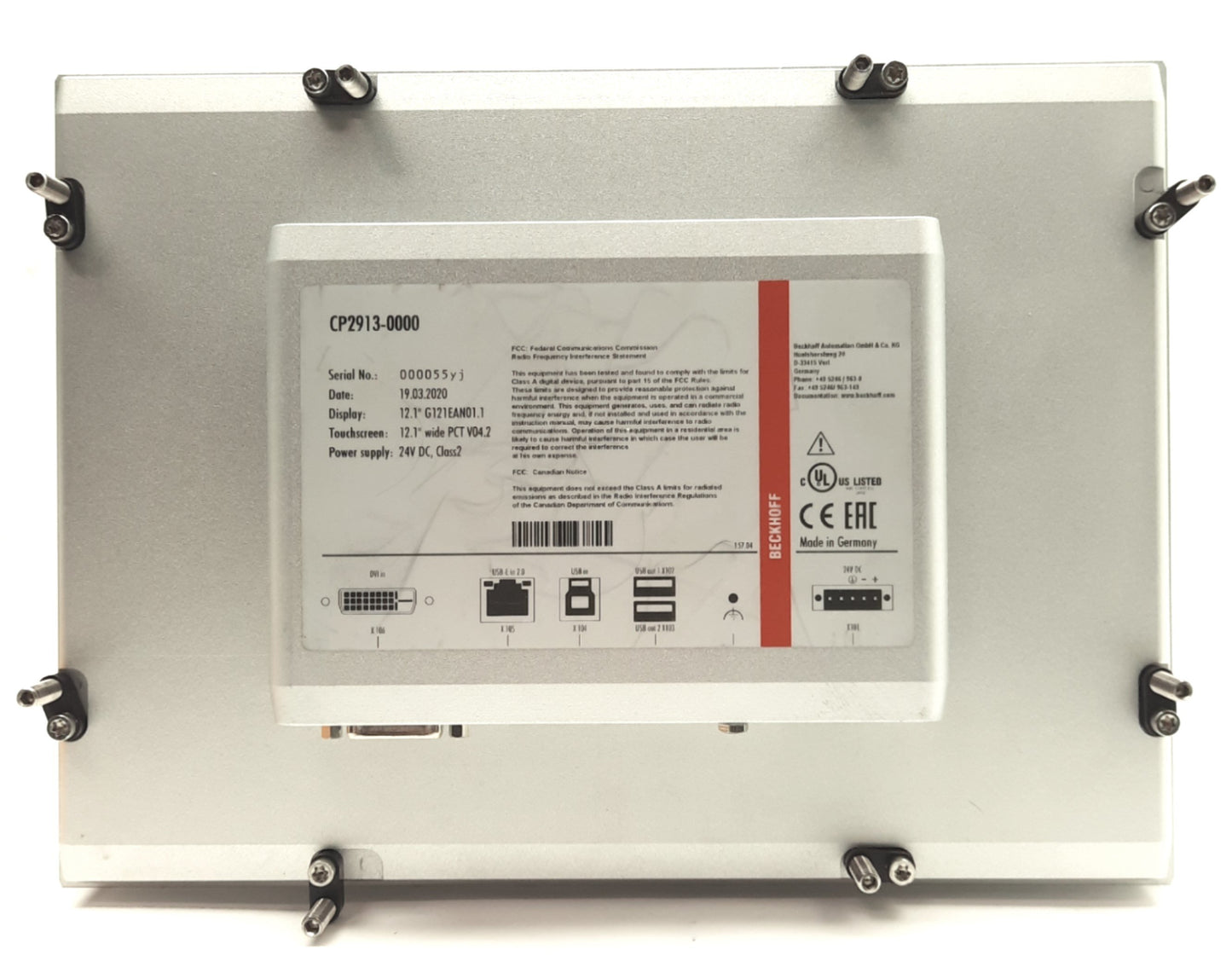 Used Beckhoff CP2913-000 Multi-Touch Display, 12.1", 1280 x 800, DVI, USB, 24VDC