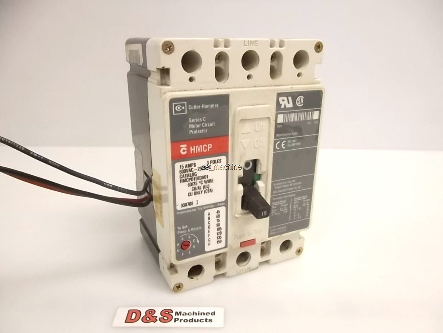 Used CH Cutler-Hammer HMCP015E0A01 Circuit Breaker 15 Amps, 3 Poles, 600VAC-250VDC