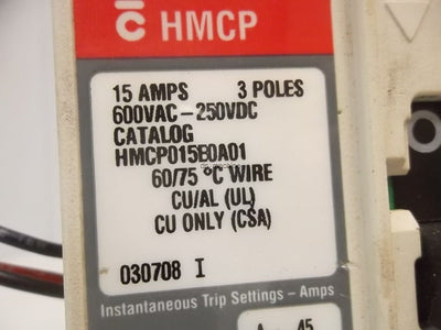 Used CH Cutler-Hammer HMCP015E0A01 Circuit Breaker 15 Amps, 3 Poles, 600VAC-250VDC