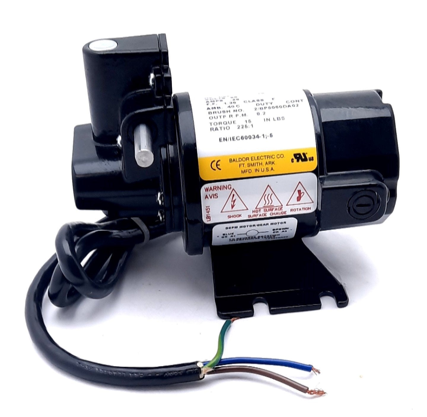 New Baldor GP231005 Right Angle Gear Motor 225:1, 90V, 0.29A, 1/97Hp, 8rpm, 15lb-in