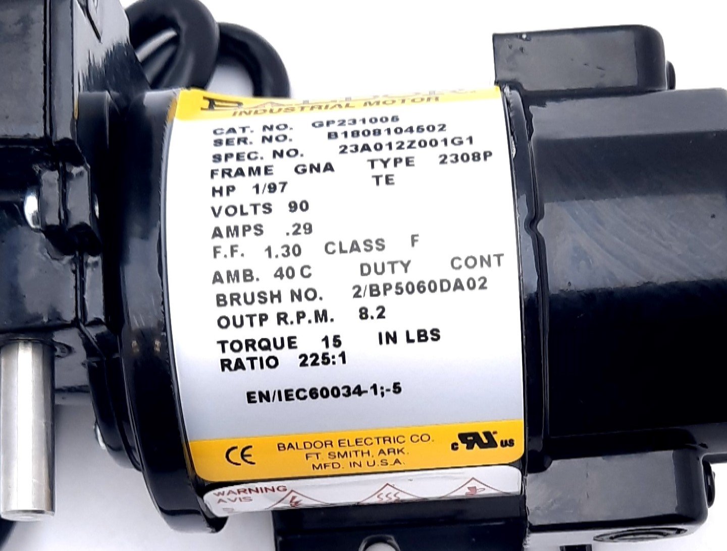 New Baldor GP231005 Right Angle Gear Motor 225:1, 90V, 0.29A, 1/97Hp, 8rpm, 15lb-in