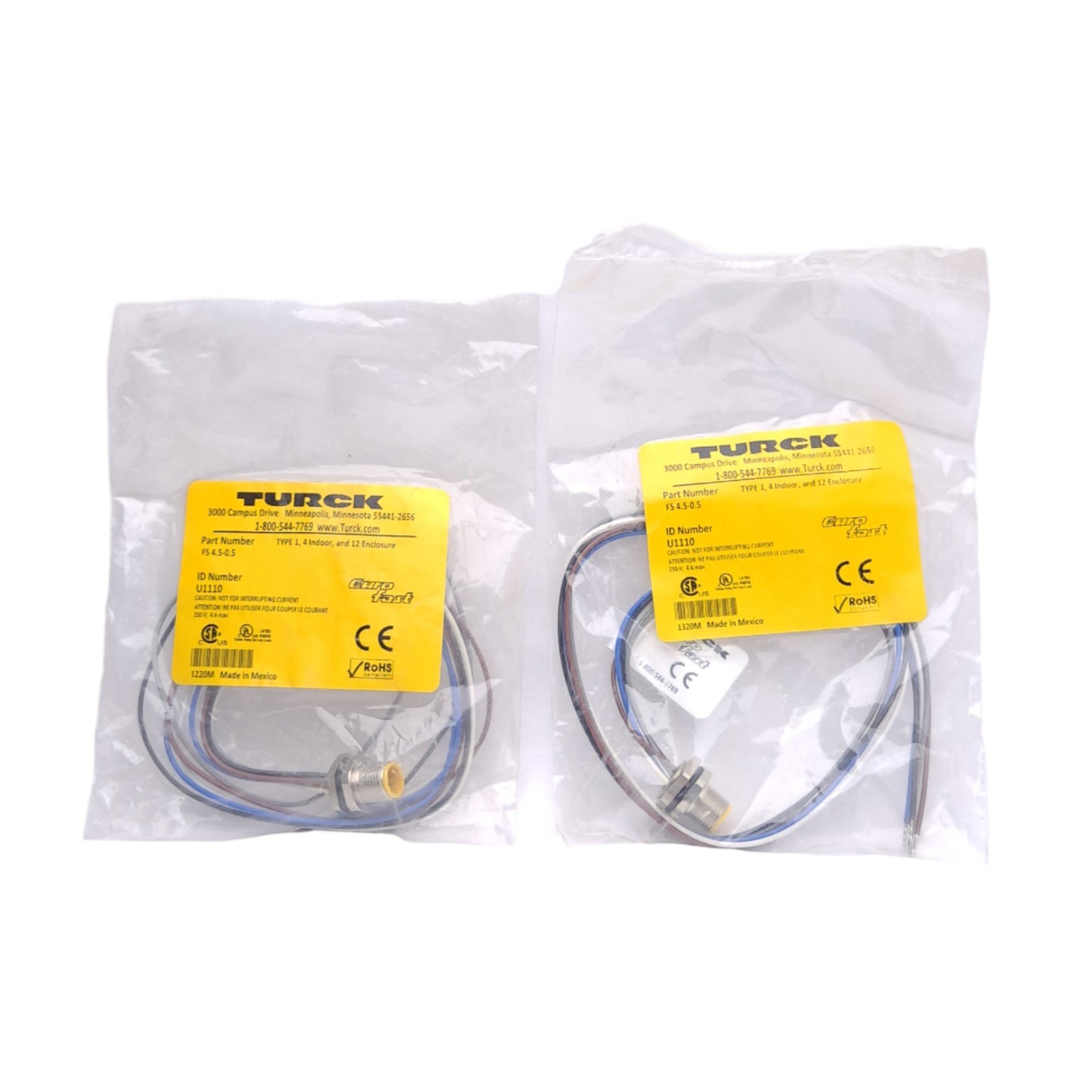 New Lot of 2 Turck FS 4.5-0.5 U1110 Connector, M12 5-Pin Male, 0.5m Length