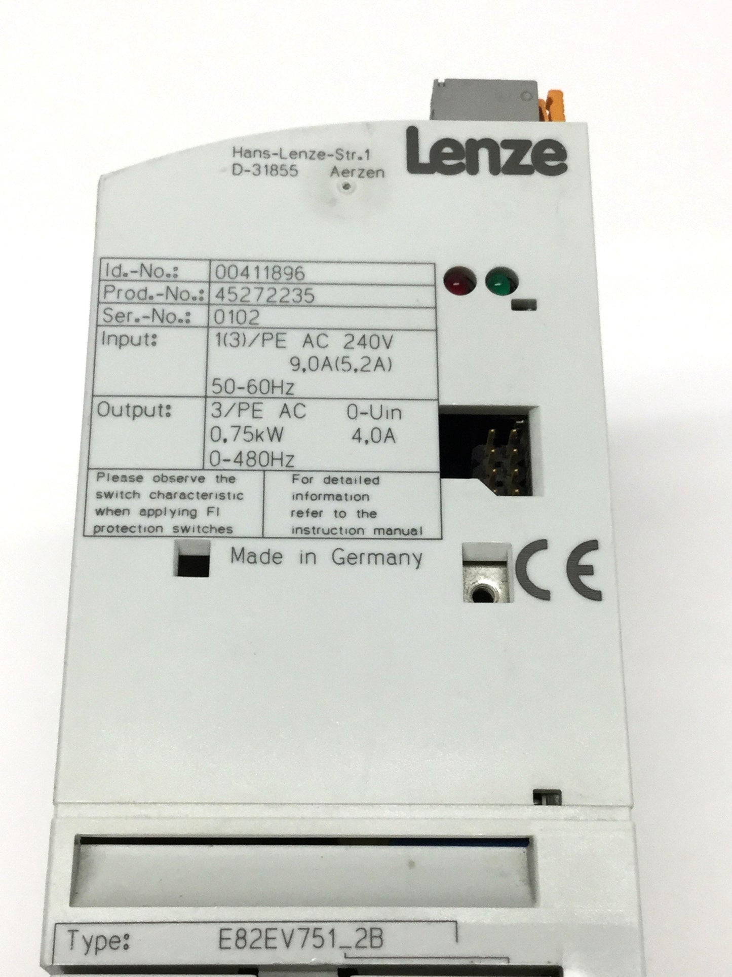 Used Lenze E82EV751S2B 8200 Vector Frequency Inverter Motor Drive 240VAC 3PH 0.75kW