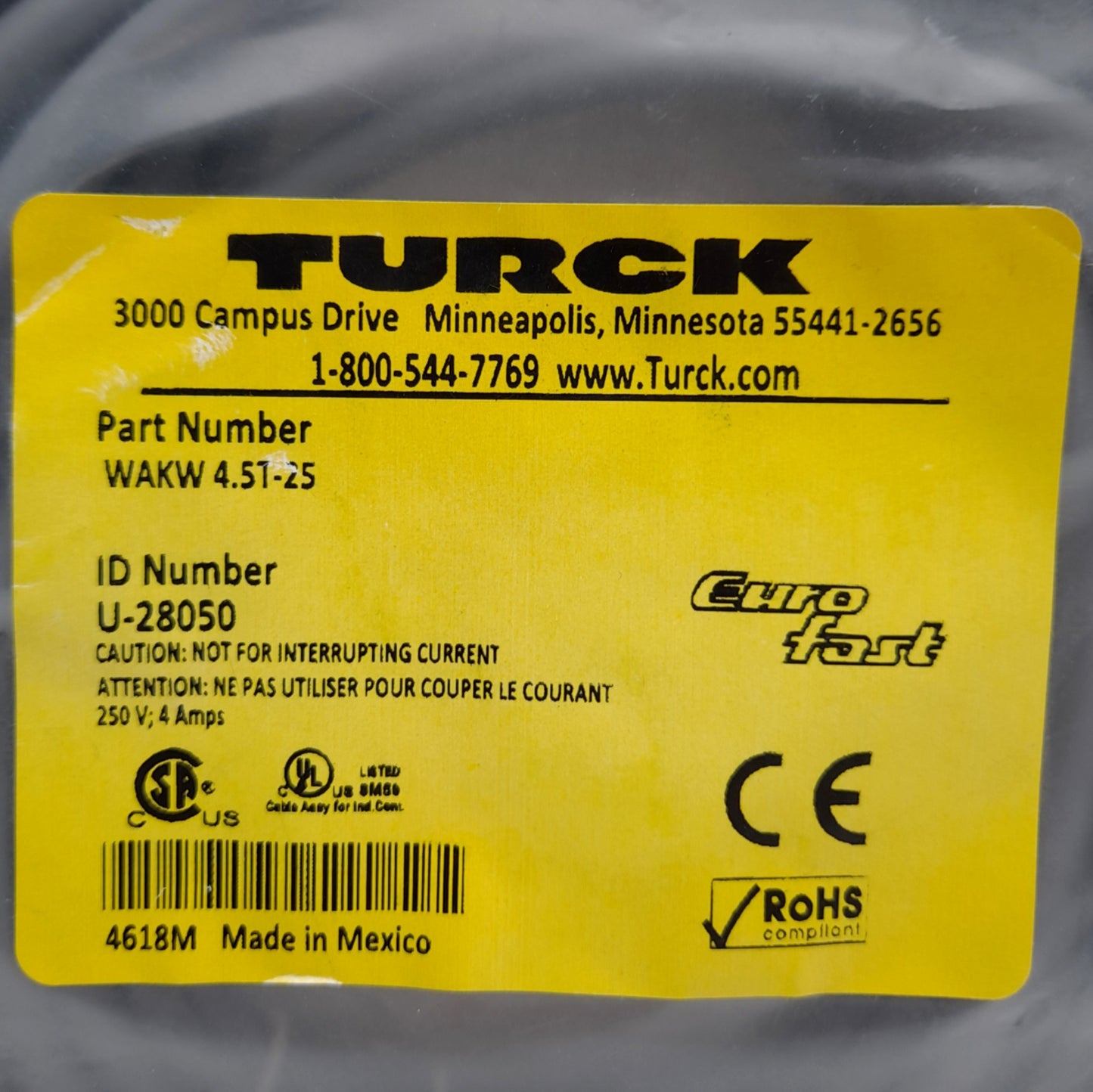 New Turck WAKW 4.5T-25 U-28050 Single Ended Cordset, M12 5-Pin Female, 25m Length