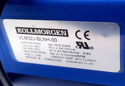 New – Open box Kollmorgen VLM32J-BLNH-00 Brushless Servo Motor 160VDC, 8.43Arms, 0.52kW 3.32Nm
