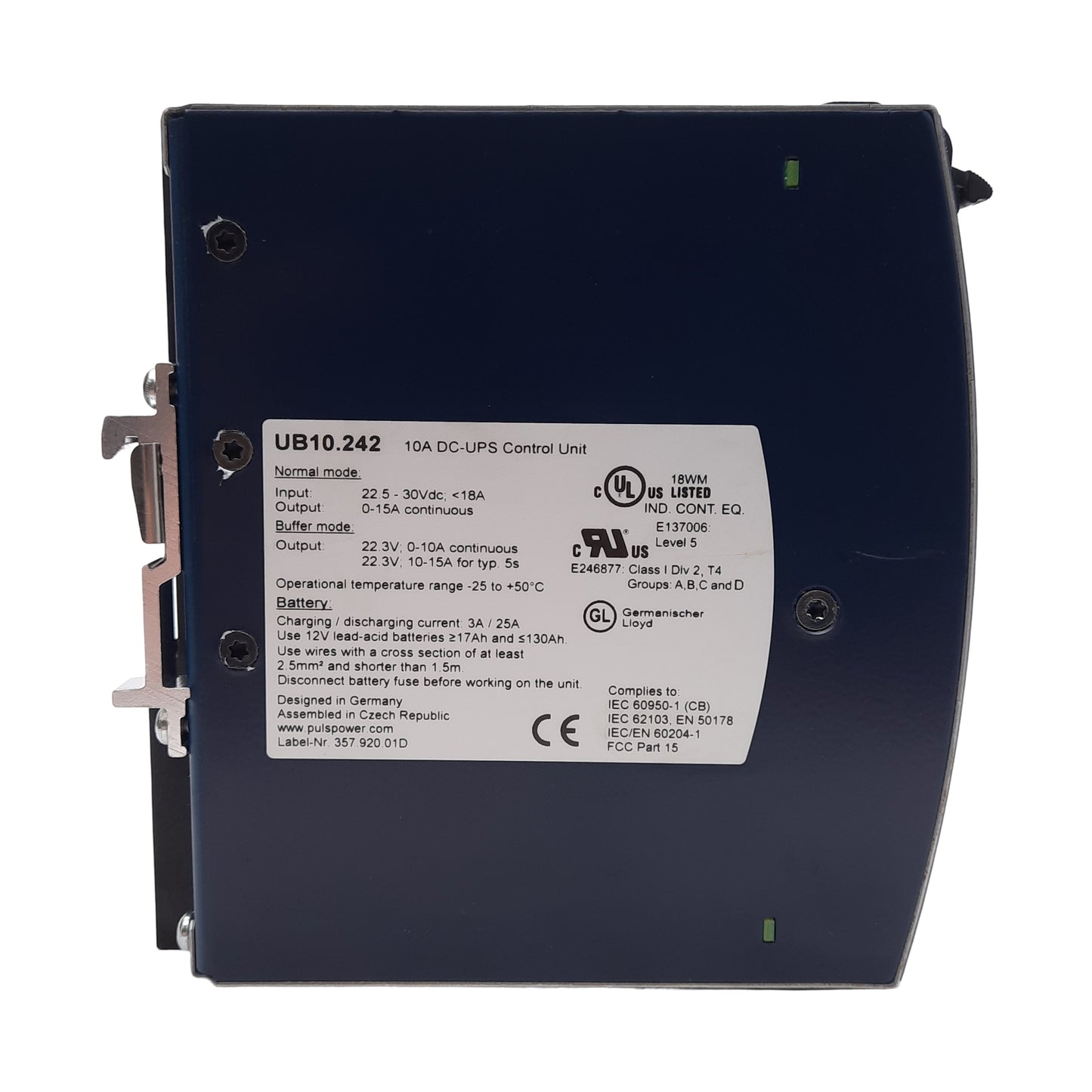 New PULS UB10.242 DC-UPS Control Unit, <18A 22.5-30VDC Input, 0-15A Output, DIN Rail