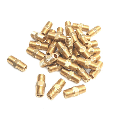 New – Open box Lot of 35 Polyconn PC122B-4 Brass Nipple Hex, 1/4in NPT Male, 1-3/8in Length