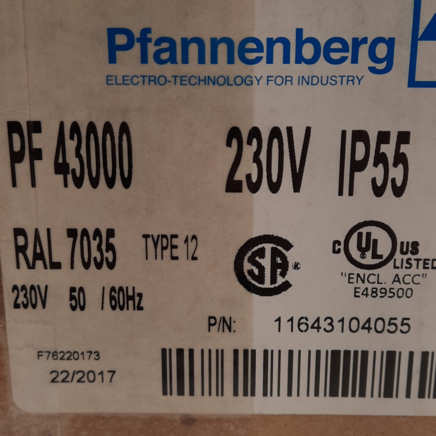 New Pfannenberg 11643104055 Filterfan, 230VAC, 39W, 223mm x 223mm, 155CFM, 46dB