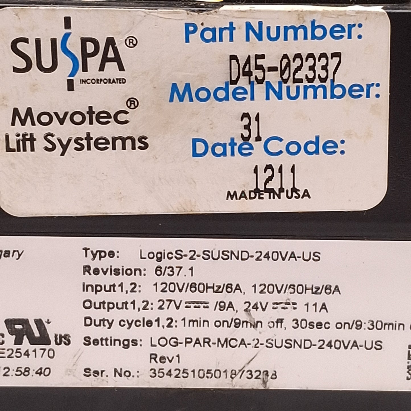 Used Suspa LogicS-2-SUSND-240VA-US D45-02337 Lift System Power Supply, 24VDC Output