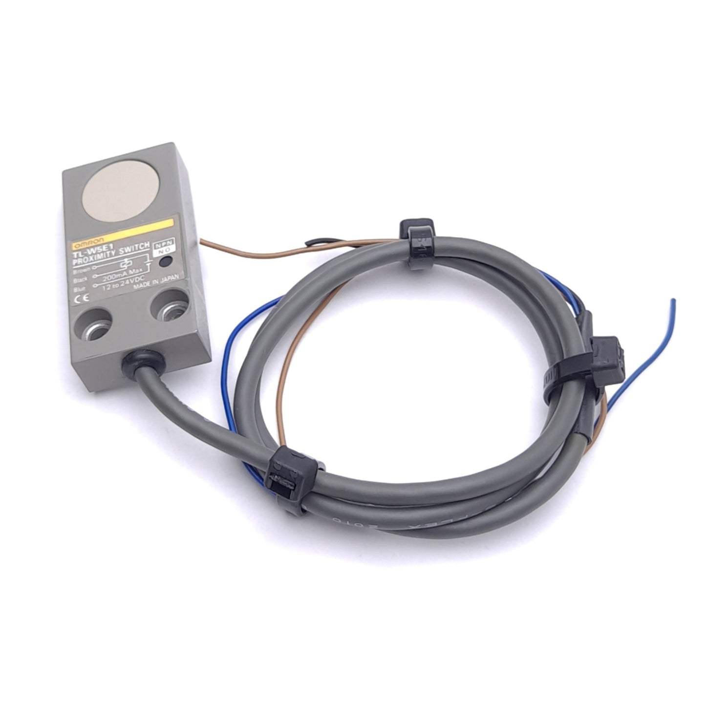 Used Omron TL-W5E1 Proximity Sensor, NPN NO, 3-Wire, 5mm Range, 12-24VDC 200mA, 2ft