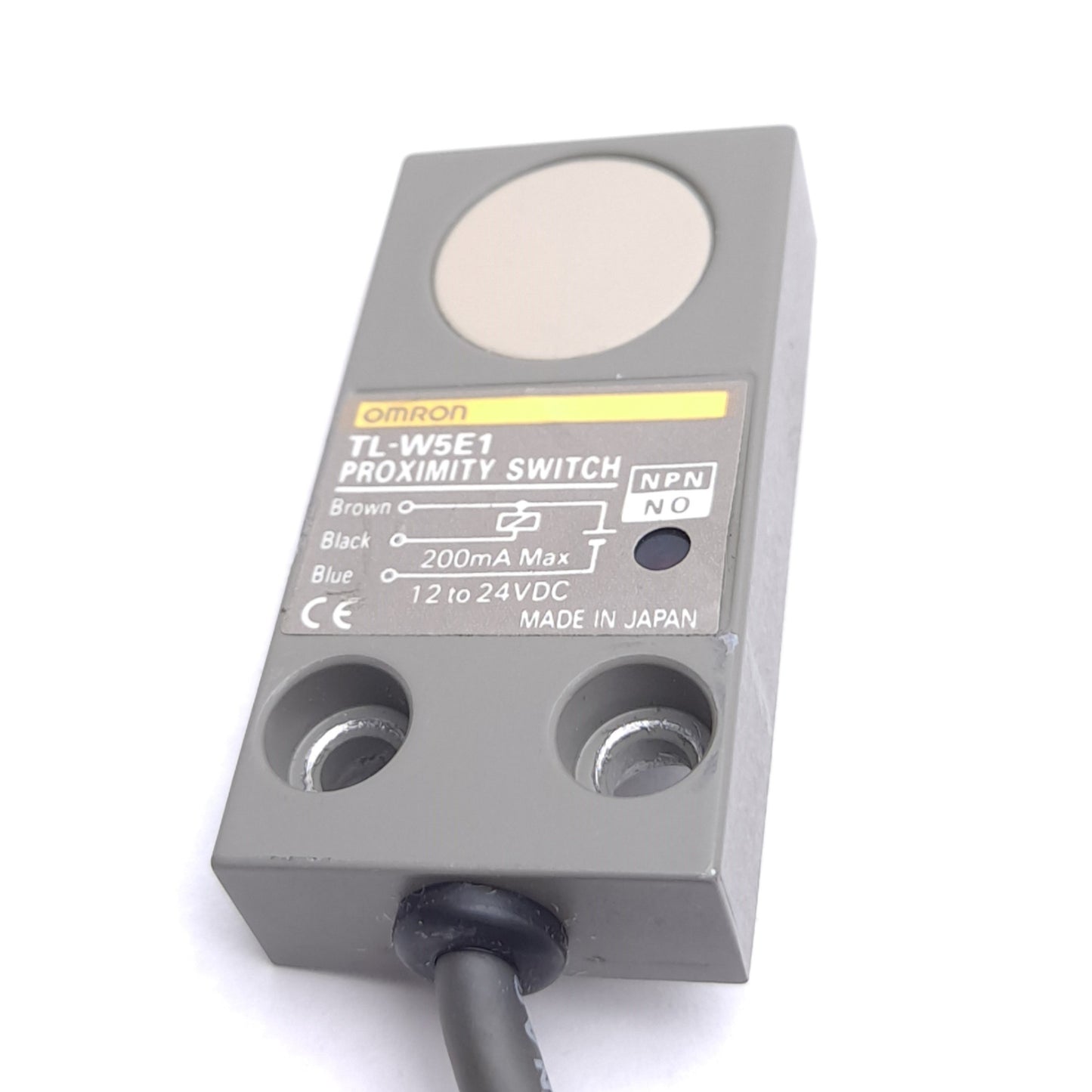 Used Omron TL-W5E1 Proximity Sensor, NPN NO, 3-Wire, 5mm Range, 12-24VDC 200mA, 2ft