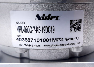 New – Open box Nidec VRL-090C-7-K5-19DC19 Gearbox 7:1, Keyed Shaft, <5 ARC MIN, 2200N, 2400N