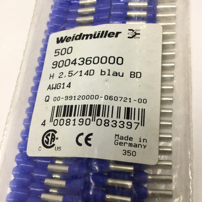New Bag of 500 Weidmuller 9004360000 Single Wire-End Ferrules, 14 AWG 2.5mm², Blue