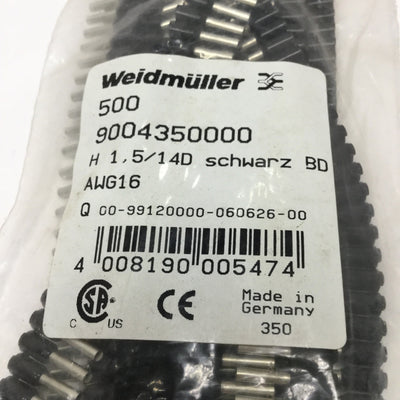New Bag of 500 Weidmuller 9004350000 Single Wire-End Ferrules, 16 AWG 1.5mm², Black
