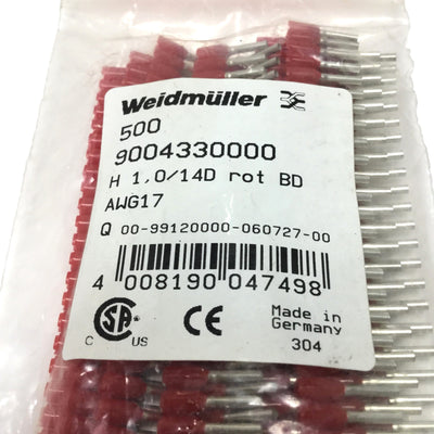 New Bag of 500 Weidmuller 9004330000 Single Wire-End Ferrules, 17 AWG 1mm², Red