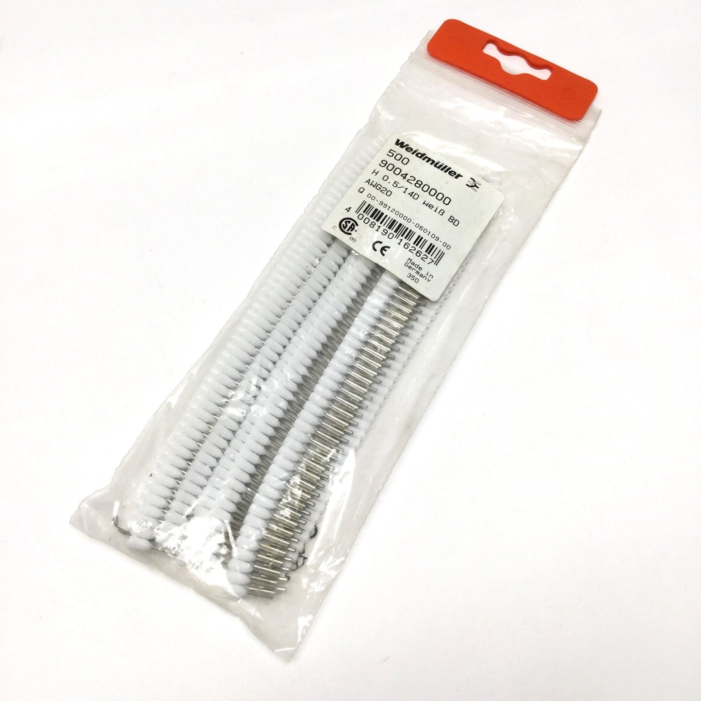 New Bag of 500 Weidmuller 9004280000 Single Wire-End Ferrules, 20 AWG 0.5mm², White